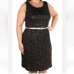 Connected Apparel Womens Black and Gold Belted Chevron Dress, Size 18W